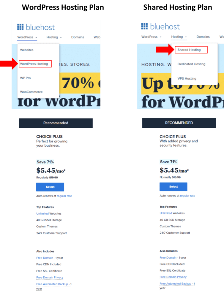 Comparison between the bluehost WordPress plan and Shared hosting plan - Bluehost web hosting review