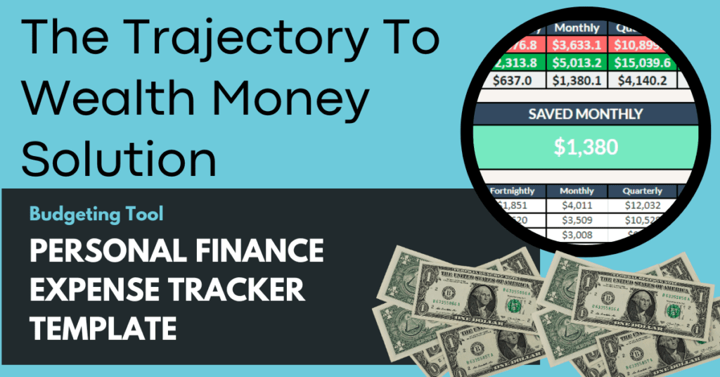 Featured image of The Trajectory To Wealth Money Solution Budgeting Tool, showcasing a snippet of our Personal Finance Expense Tracker Template spreadsheet, flanked by two piles of cash.
