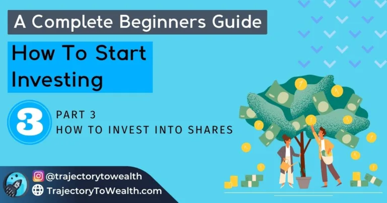 Infographic guide on 'How To Start Investing' highlighting Part 3: How to invest into shares with illustrations of people and a money tree.