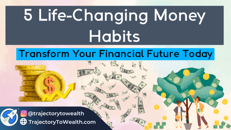 5 life-changing money habits for financial success - coin stack, money tree being harvested by a man and woman, and banknotes dispersing on a vibrant background