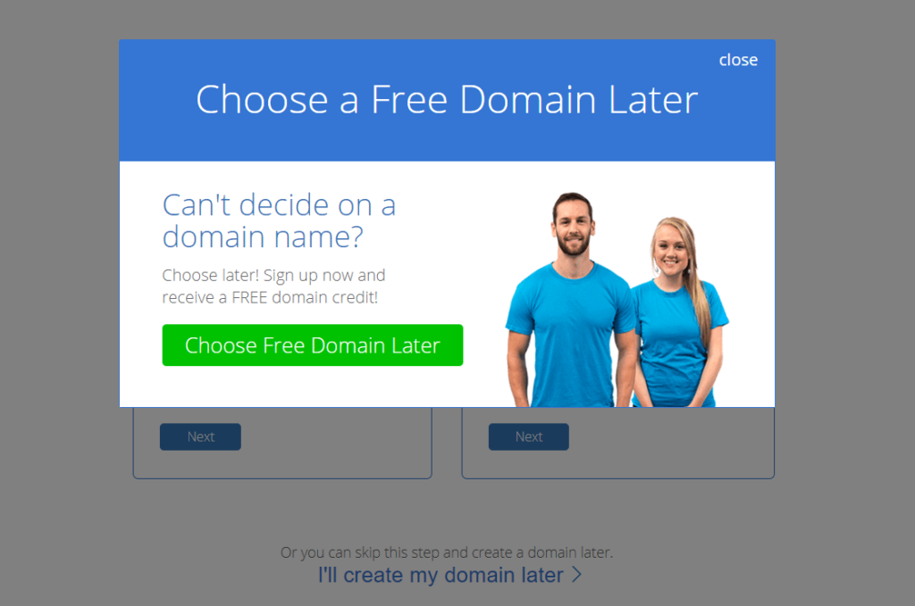 Screenshot of Bluehost signup page featuring the option to choose a domain name later.
