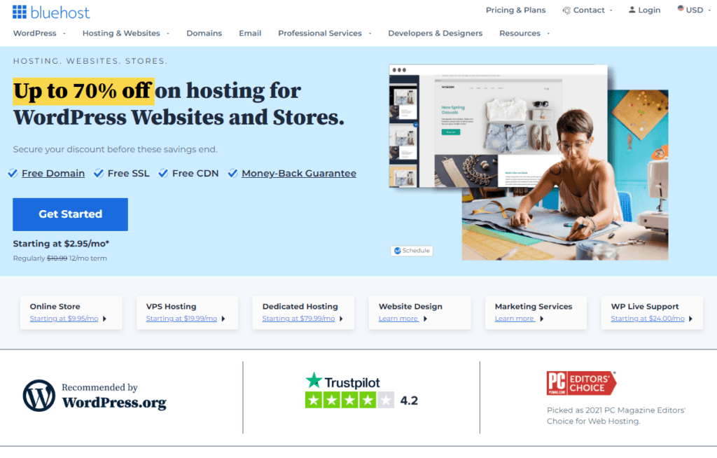 Screenshot of Bluehost web hosting page featuring the discount offered to Trajectory To Wealth readers - start a blow with bluehost