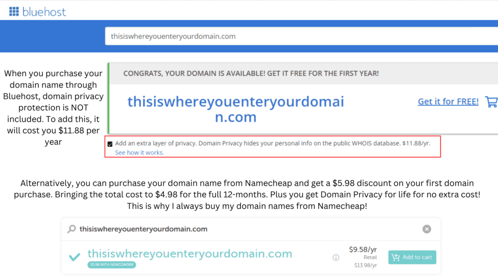 Screenshot of domain purchase price for Bluehost vs Namecheap