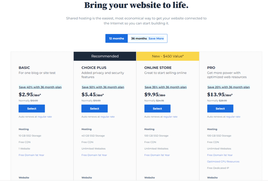 Screenshot of Bluehost web hosting page displaying the available web hosting plan options to start a blog with Bluehost