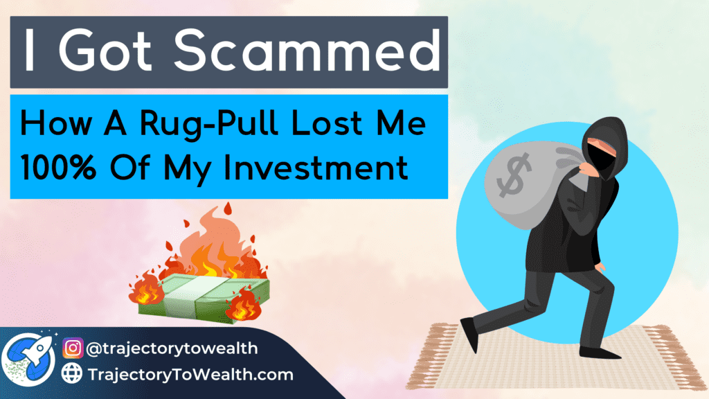 I got scammed - how a rug pull lost me 100% of my investment - money note stack on fire, thief suspiciously running away with money back standing on rug, representing the rug pull that lost me my investment.