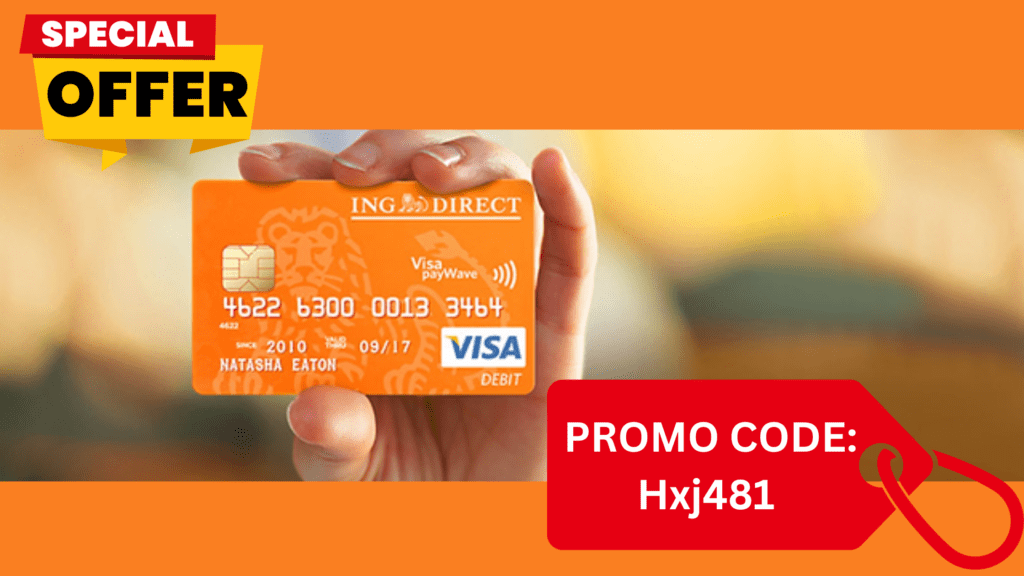 A hand holding up an ING Debit card with "Special Offer" text prominently displayed and "Promo Code" text below.