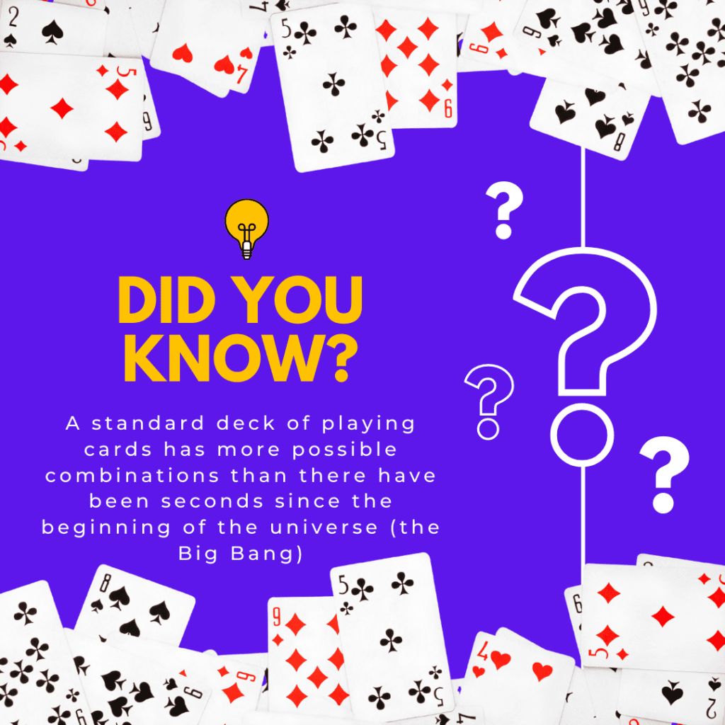 Faceless instagram image with a did you know fact about the possible shuffled combinations contained a standard deck of palying cards