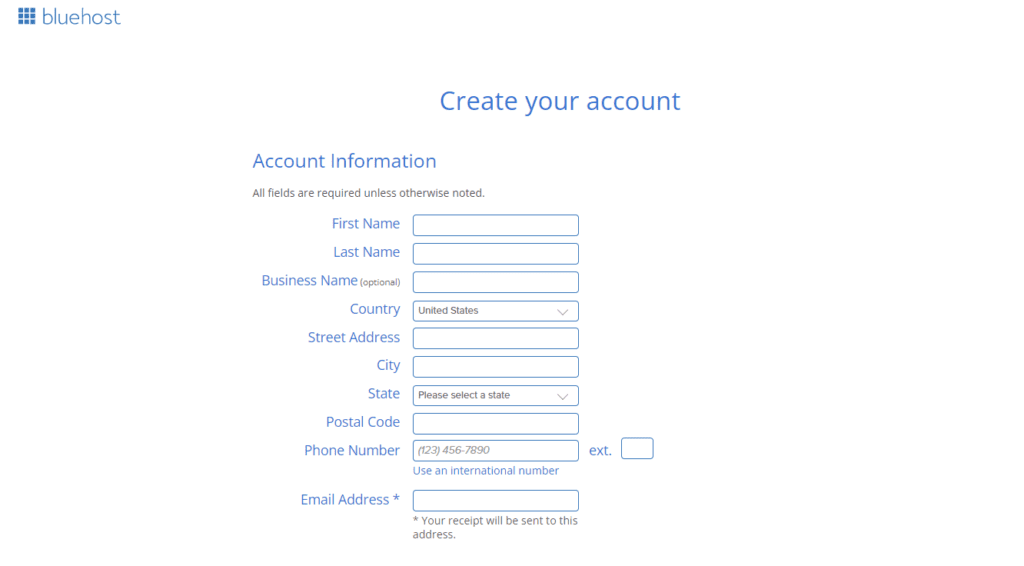 Bluehost account creation form with fields for personal information