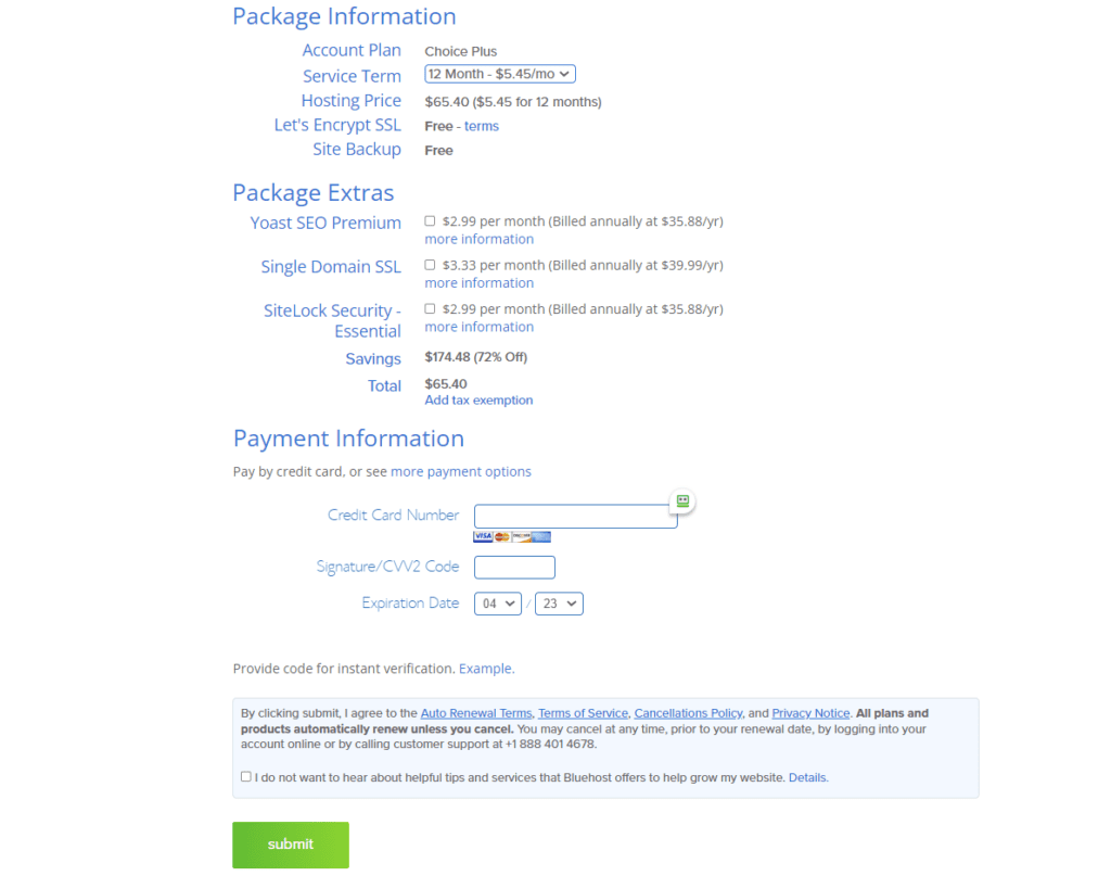 Bluehost package information and package extras selection form when you start a blog with Bluehost