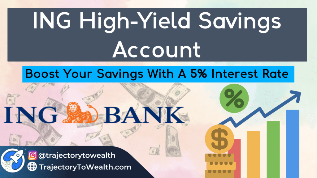 ING high-yield savings account featured image with ING logo, transparent money notes, and a graph showing an increase in dollar signs, accompanied by the text "Boost your savings with a 5% interest rate.