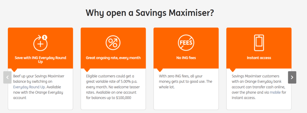 Screenshot highlighting the benefits of ING high-yield savings account, including Everyday Round Up, great ongoing rate, no ING fees, and instant access