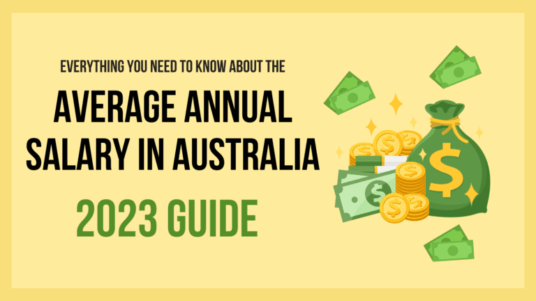 Graphic illustrating the 'Average Annual Salary in Australia - 2023 Guide' text with a cashbag and dollar bills image.