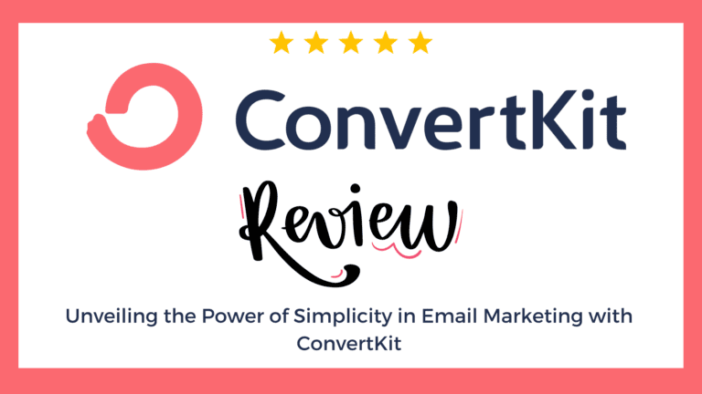 A graphic showcasing the "ConvertKit Review" with a red circular logo on a pink and white background. The image also displays five gold stars and a tagline: "Unveiling the Power of Simplicity in Email Marketing with ConvertKit.