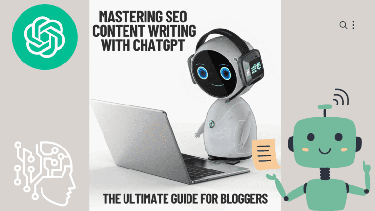 Robot typing on laptop with Open AI logo and piece of paper, promoting Mastering SEO Content Writing with ChatGPT for Bloggers