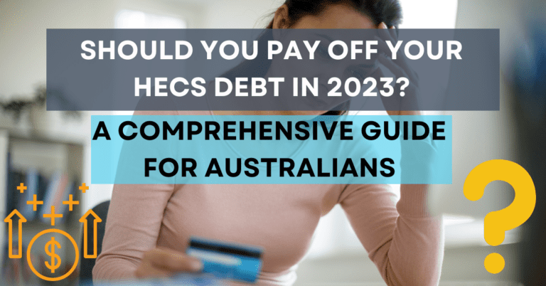 Thoughtful woman contemplating if it's time to pay off her HECS debt in 2023, with a bold orange question mark and guide title.