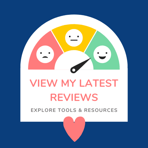 Text 'View my latest reviews' with dial pointing to a happy face.