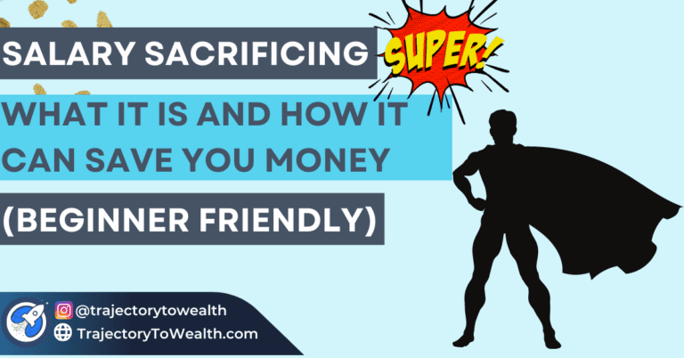 Silhouette of a superhero on a light blue background with the title "Salary Sacrificing Super: What It Is and How It Can Save You Money" and subtitle "Beginner Friendly"