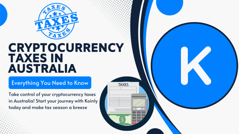 Koinly logo, tax graphics, and a calculator on a document, symbolizing the process of doing cryptocurrency taxes in Australia with Koinly.