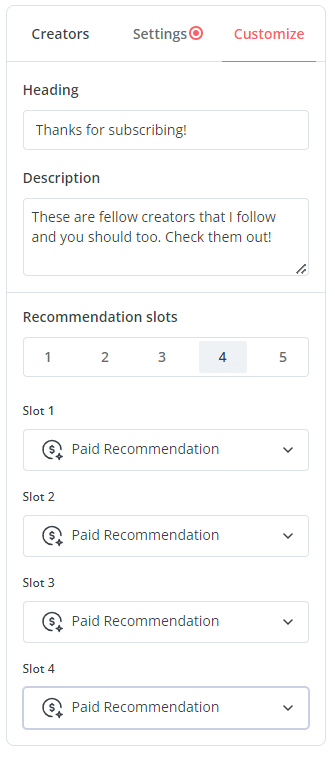 Customization options in ConvertKit's Paid Recommendations panel, allowing selection of the number of recommendations.