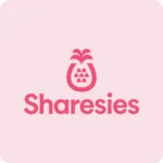 Sharesies logo on a light pink background.