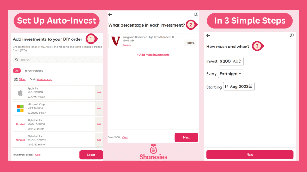 Three-step automated investing process on the Sharesies app Australia.