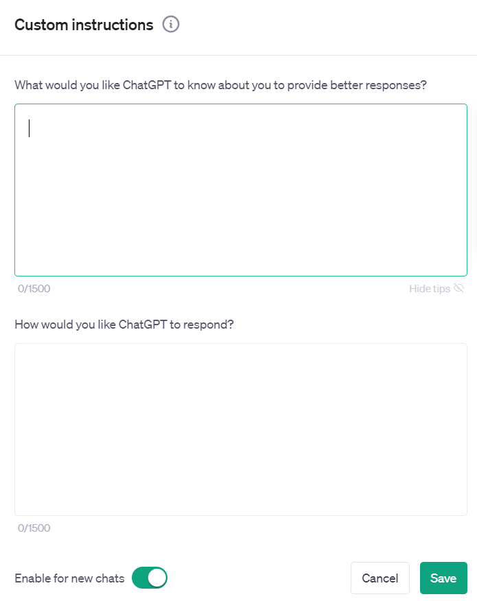 ChatGPT user interface displaying the custom instructions panel.