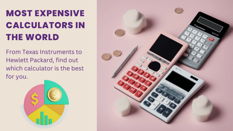 Featured image for the blog post titled 'Most Expensive Calculators In The World,' showcasing a pie chart with a dollar sign, a coin, a bar chart, and three calculators with coins in the background.
