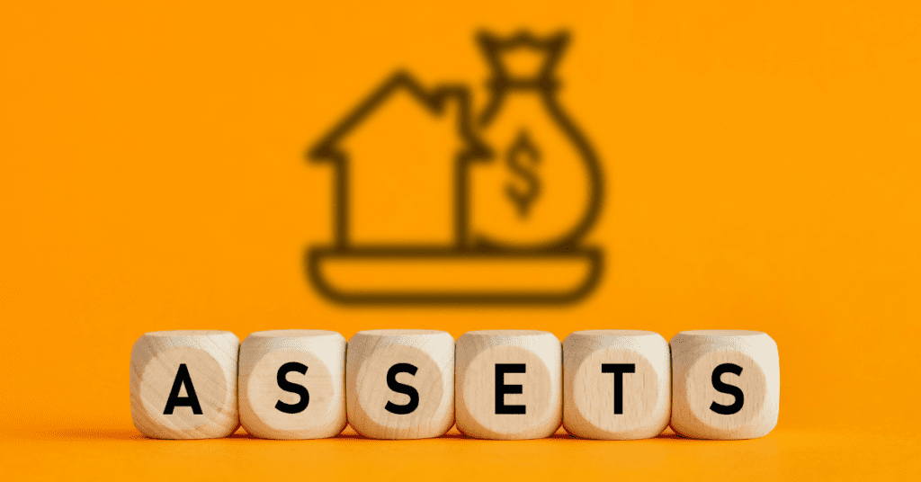 Wooden blocks spelling out "ASSETS" in the foreground with a shadow illustration of a house and money bag in the background, against an orange backdrop.