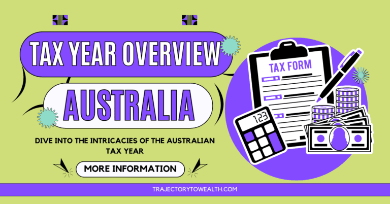 Illustration promoting an Australian Tax Year Overview with visual elements of a tax form, calculator, money, and a call-to-action for more information on the topic.