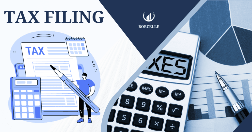 Illustration depicting key elements of tax filing, featuring a large tax document, calculator, individual with a pen, and financial graphics, with the logo of "BORCELLE" on the side.