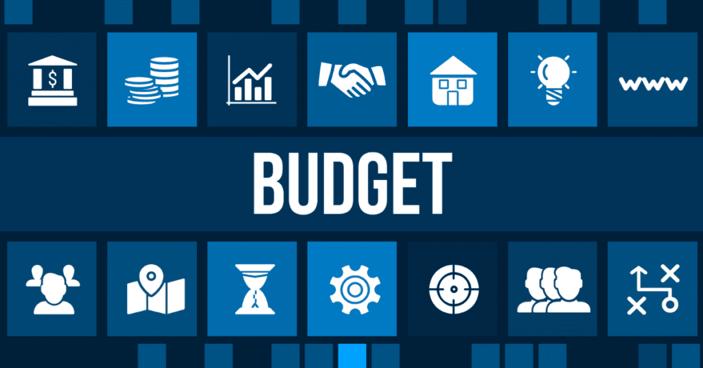 Blue-themed grid showcasing diverse financial icons surrounding the central term "BUDGET".