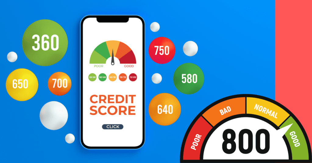 Smartphone displaying a credit score gauge alongside various colorful circles highlighting different credit score numbers against a vibrant blue background.