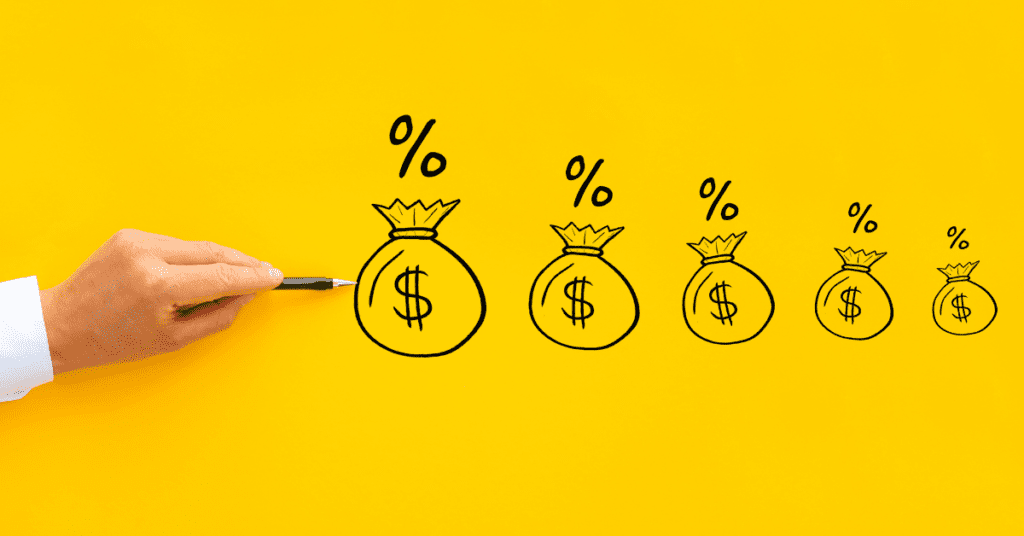 Hand drawing money bags with percentage symbols on a vivid yellow background, representing the potential savings of remortgaging early.