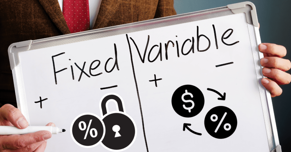 Person holding a whiteboard illustrating the contrast between 'Fixed' and 'Variable' mortgage rates, adorned with symbols of locks, percentages, and dollar signs.