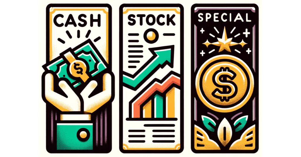Three vertical illustrations showcasing different dividend types: a hand holding cash for 'Cash Dividends', a rising stock graph for 'Stock Dividends', and a shining dollar symbol with stars for 'Special Dividends'