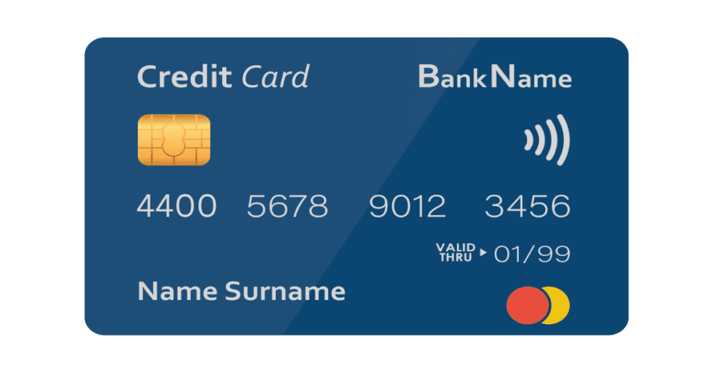 Graphic representation of a blue credit card displaying the digits "4400", alongside security features and branding details.