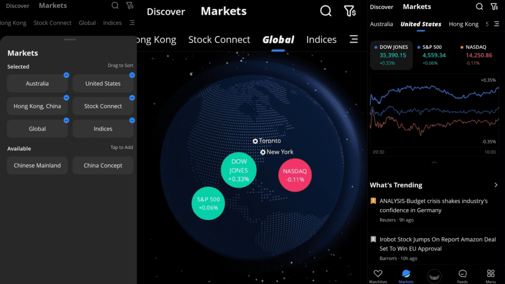 Webull Australia's market selection interface, offering global trading opportunities.
