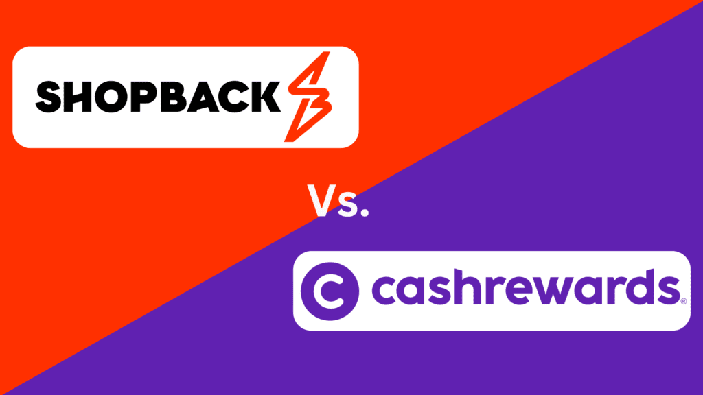 Graphic featuring the logos of ShopBack and Cashrewards divided by 'Vs.' on a split background of orange and purple, representing a comparison between the two cashback platforms.