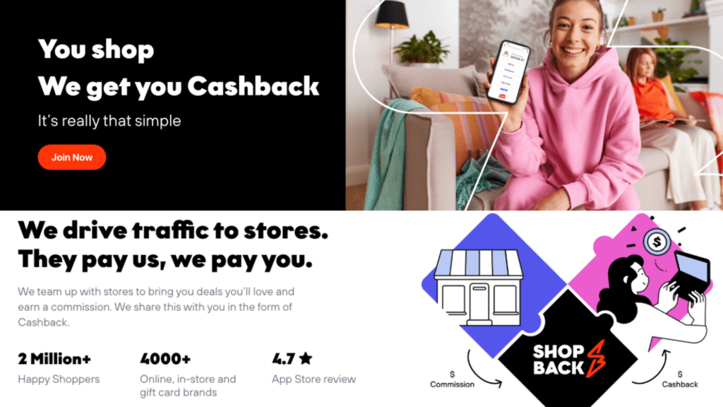 A visual depiction of the cashback process with ShopBack, featuring a happy woman in a pink hoodie using the app on her smartphone, alongside dynamic illustrations showing the cashback flow.