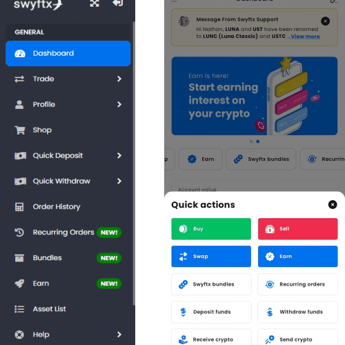 Screenshot of the Swyftx exchange account navigation panel desktop and mobile devices